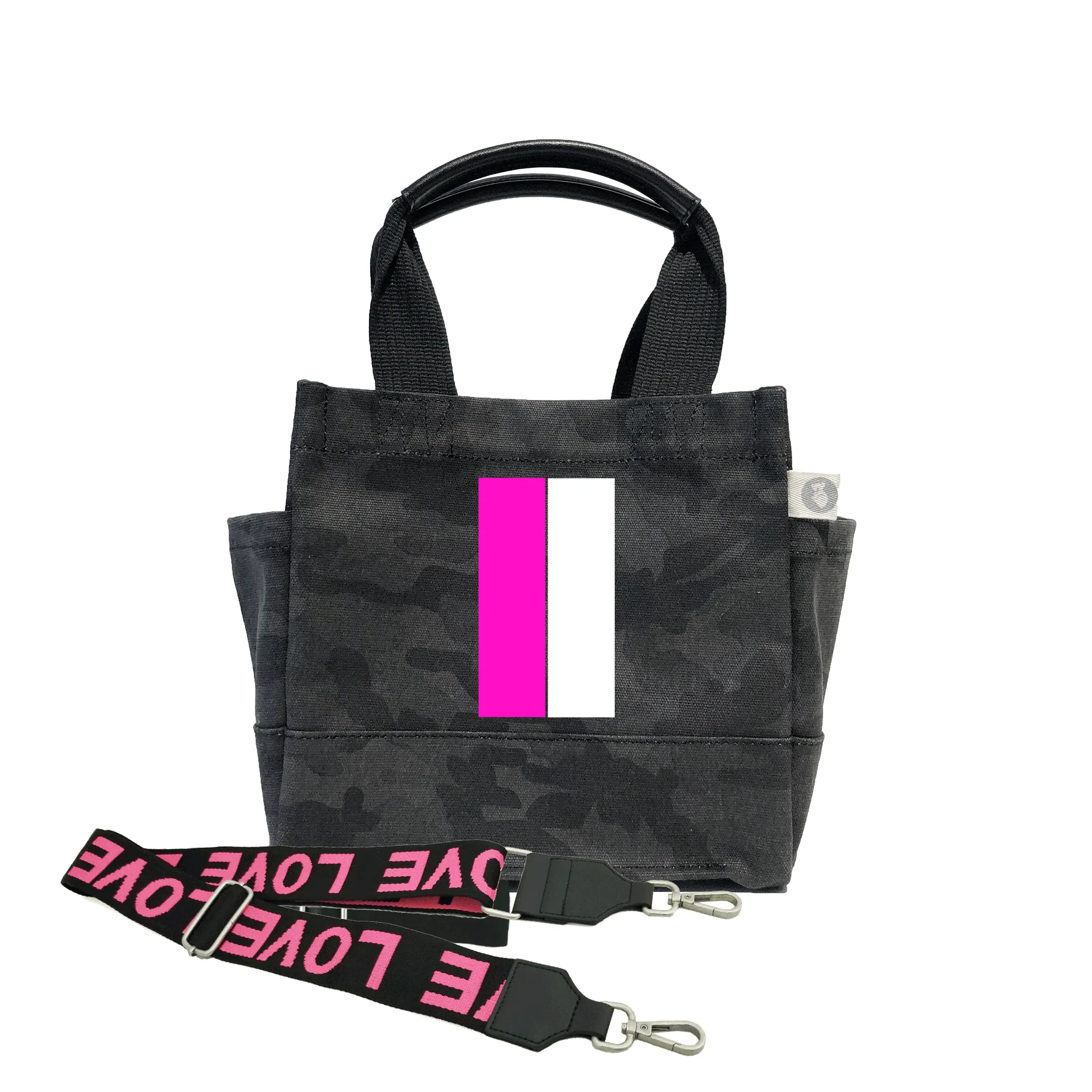 Mini Luxe North South Bag: Black Camouflage with Color Stripes