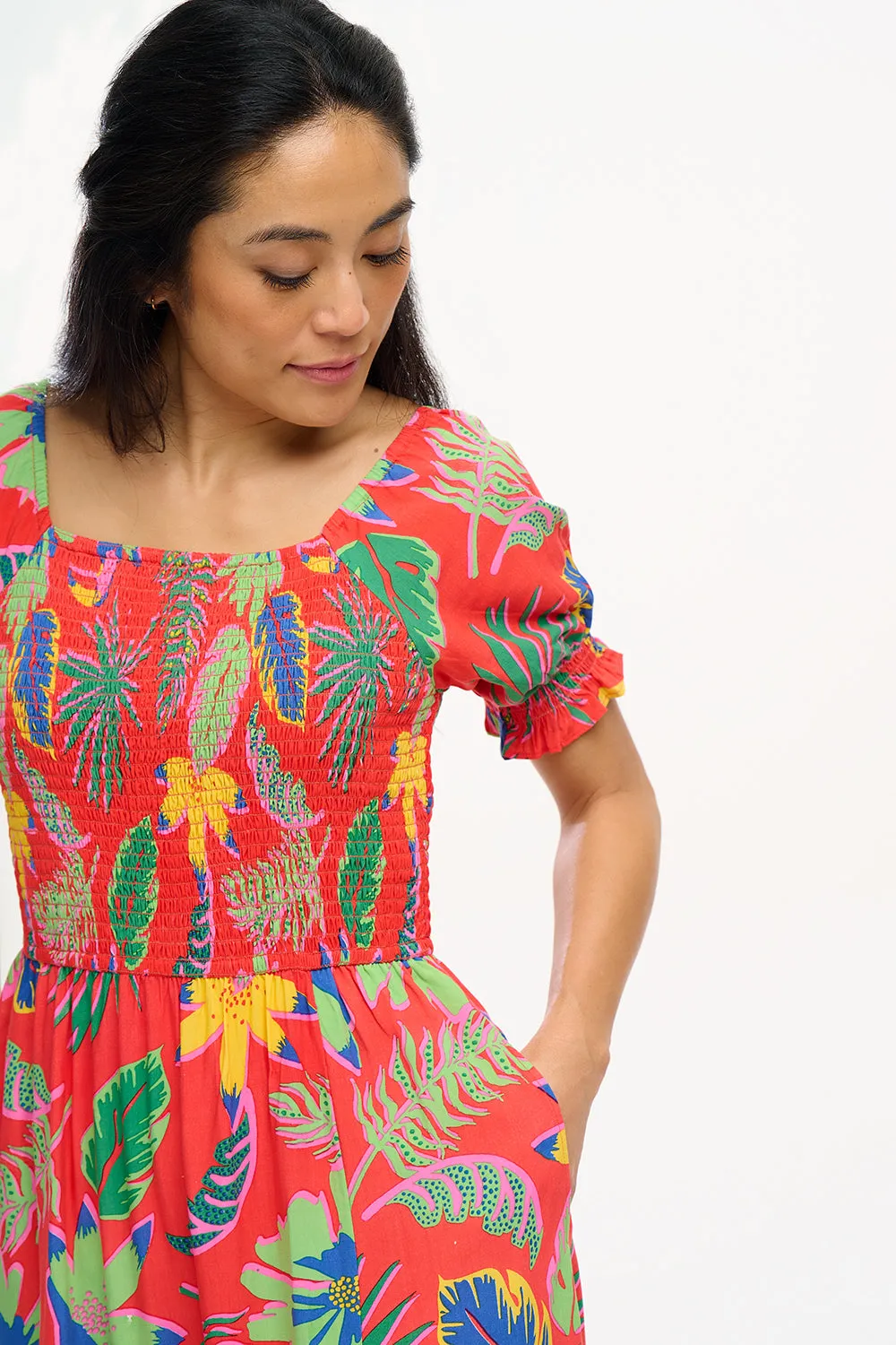 Nicole Shirred Midi Dress - Red, Tropical Toucans