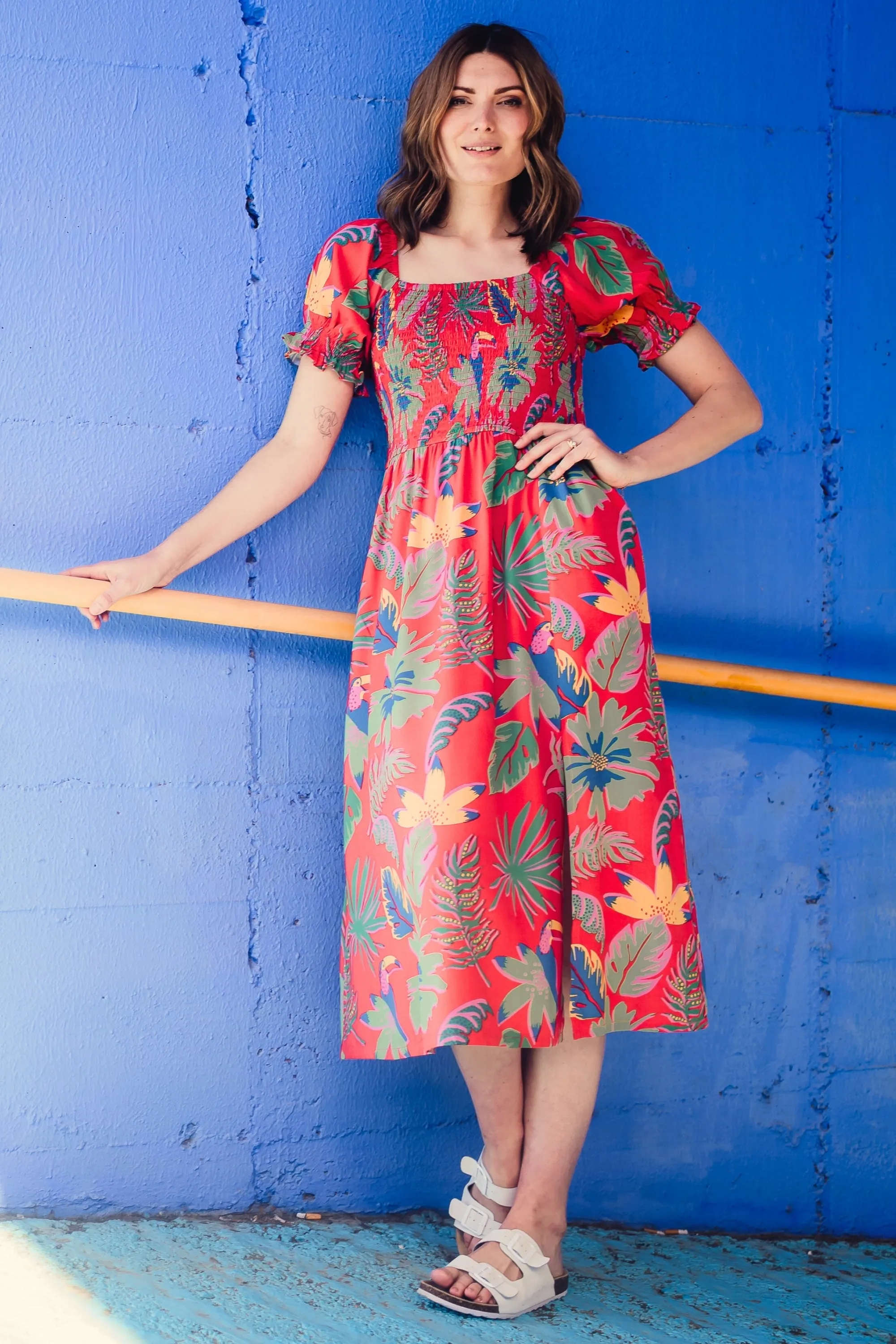 Nicole Shirred Midi Dress - Red, Tropical Toucans