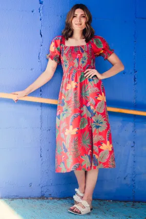 Nicole Shirred Midi Dress - Red, Tropical Toucans