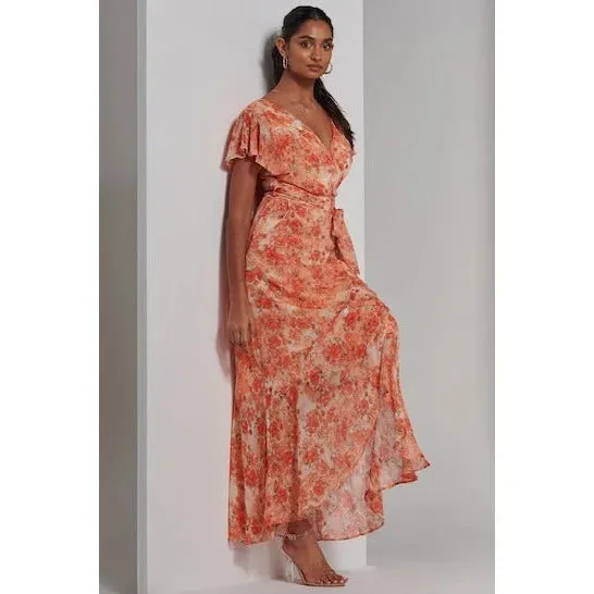 Orange Floral Print Wrap Top Maxi Dress With Angel Sleeves