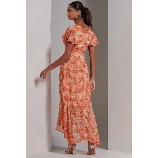 Orange Floral Print Wrap Top Maxi Dress With Angel Sleeves