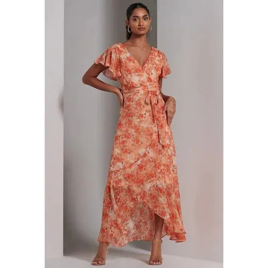 Orange Floral Print Wrap Top Maxi Dress With Angel Sleeves