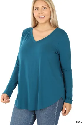 Premium Long Sleeve V Neck Round Hem Top Plus: 2-2-2 (1XL-2XL-3XL) / TEAL