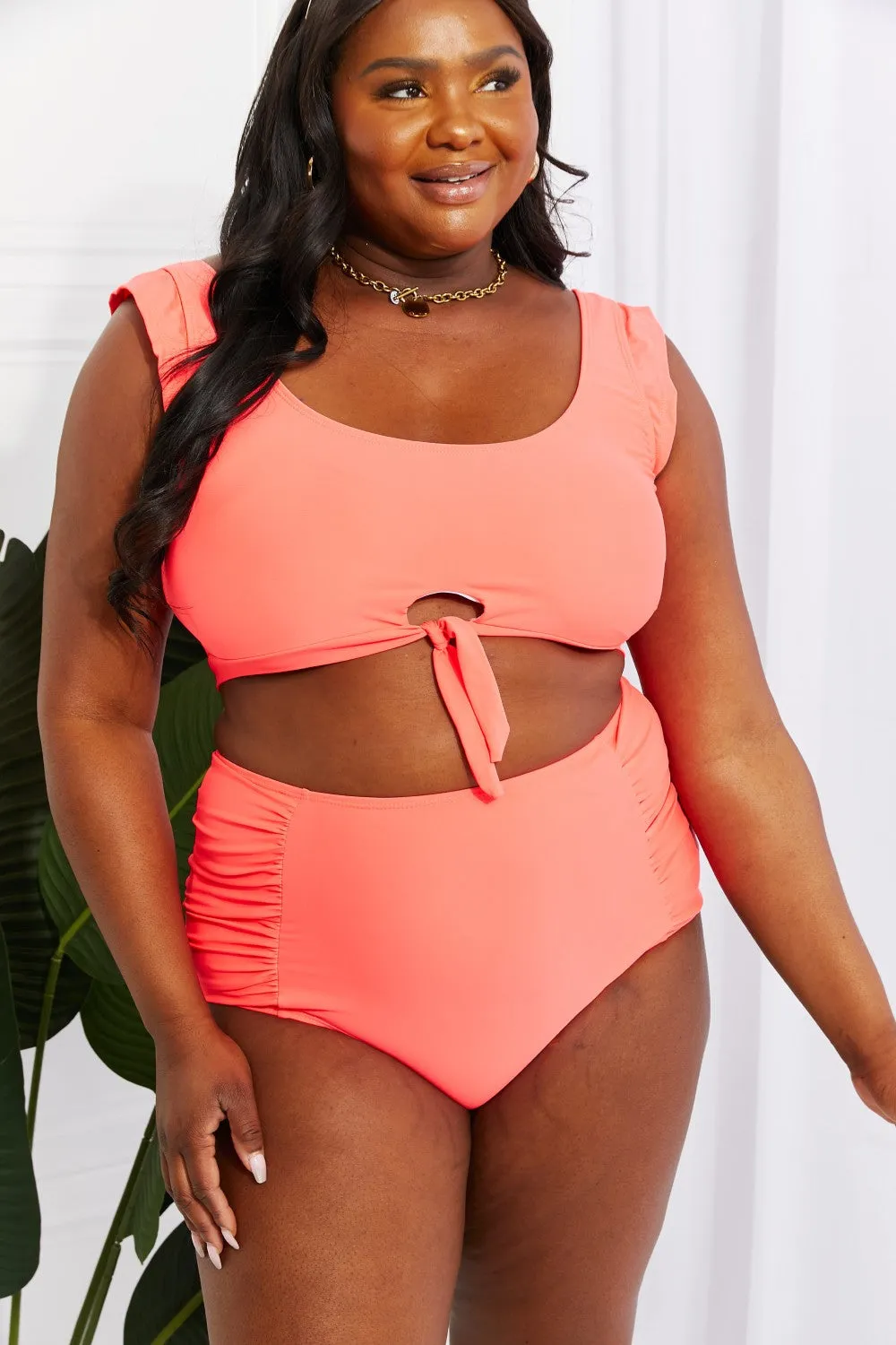 Sanibel Crop Swim Top and Ruched Bottoms Set in Coral