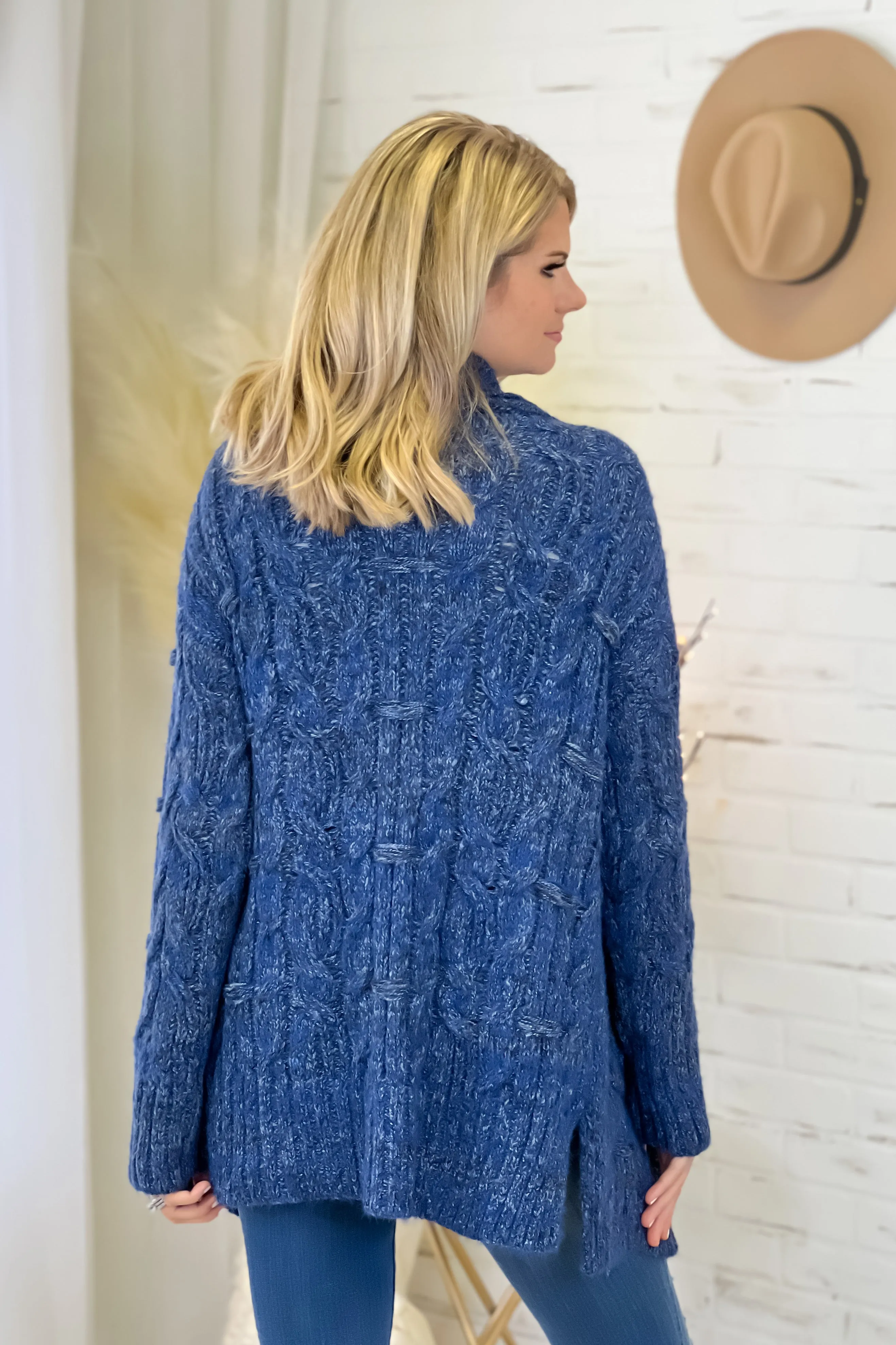 Starlit Valleys Cable Knit Open Cardigan : Dark Blue