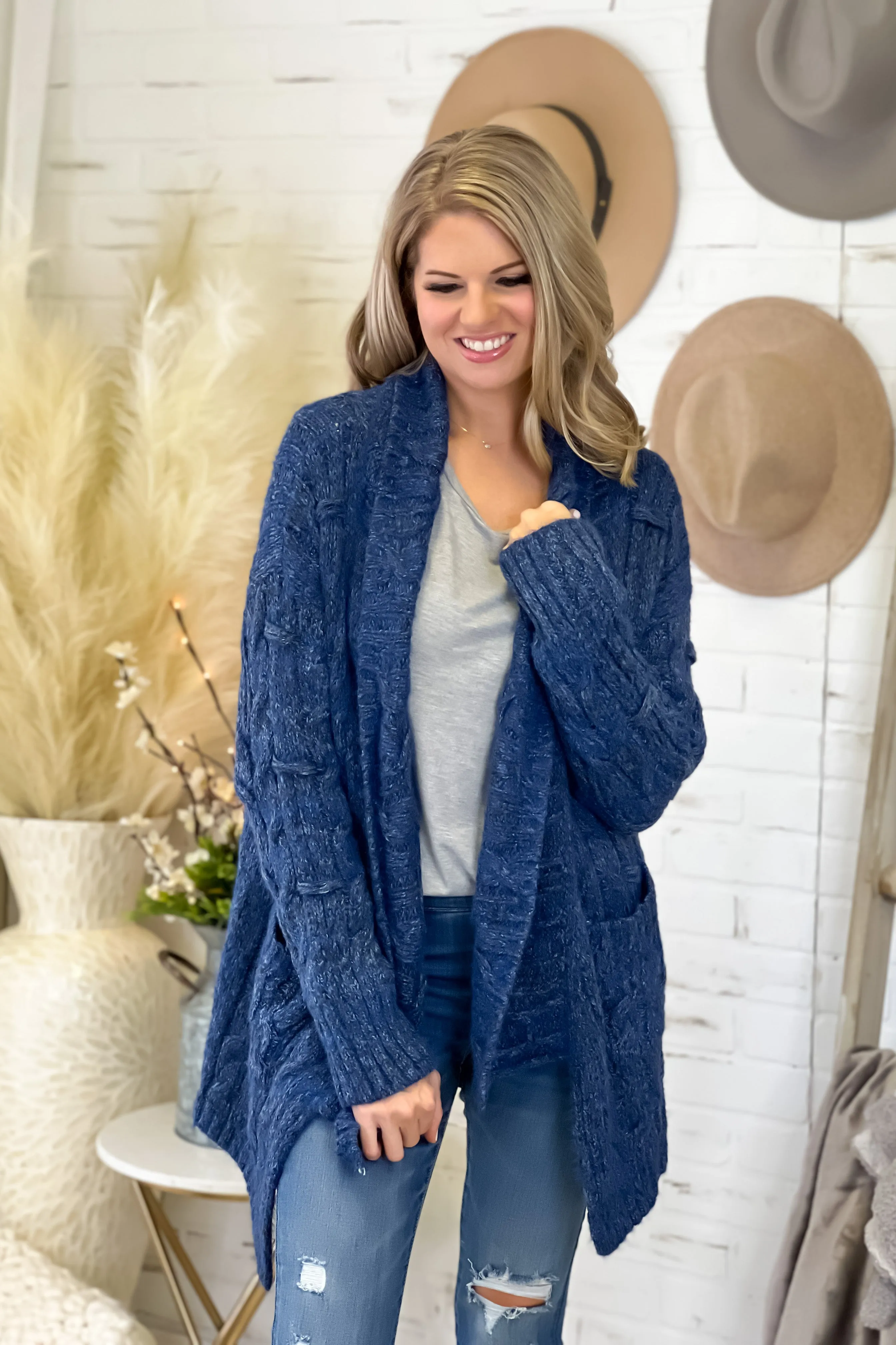 Starlit Valleys Cable Knit Open Cardigan : Dark Blue