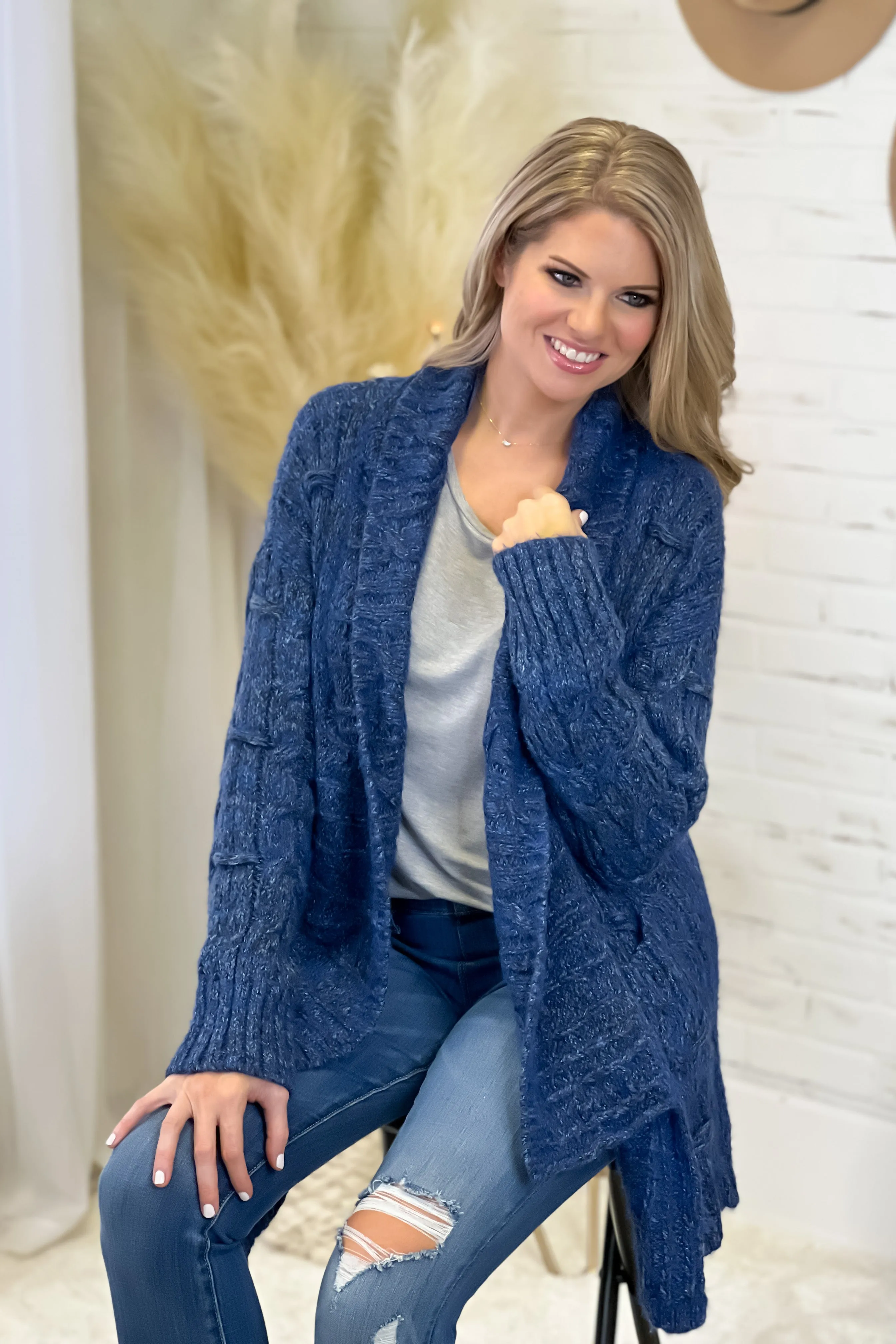 Starlit Valleys Cable Knit Open Cardigan : Dark Blue