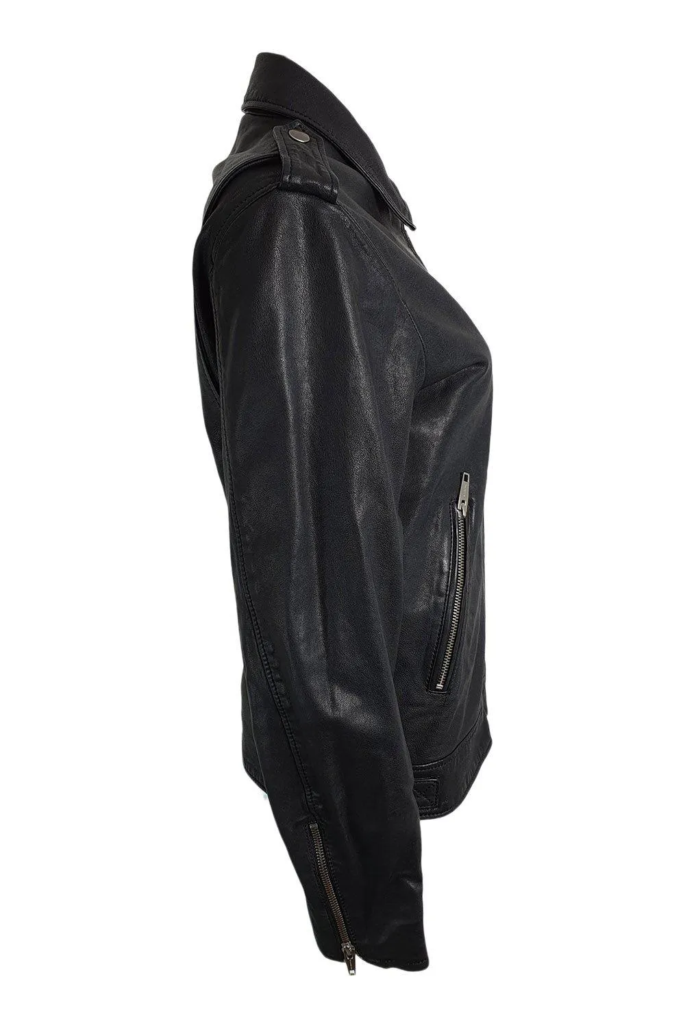 THE KOOPLES Black Washed Lambs Leather Zip Front Biker Jacket (XS)