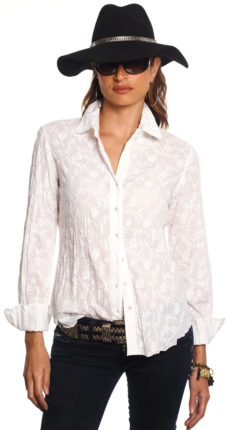 TRELLIS WHITE EMBROIDERED BUTTON DOWN SHIRT