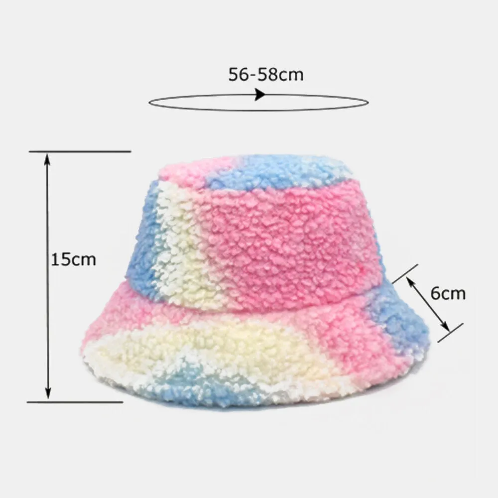 Women Tie-dye Mix Color Lamb Hair Warm Casual Cute Bucket Hat