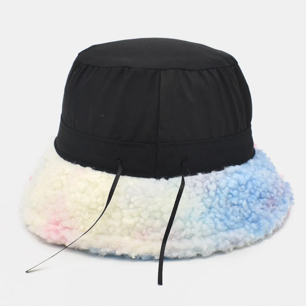 Women Tie-dye Mix Color Lamb Hair Warm Casual Cute Bucket Hat