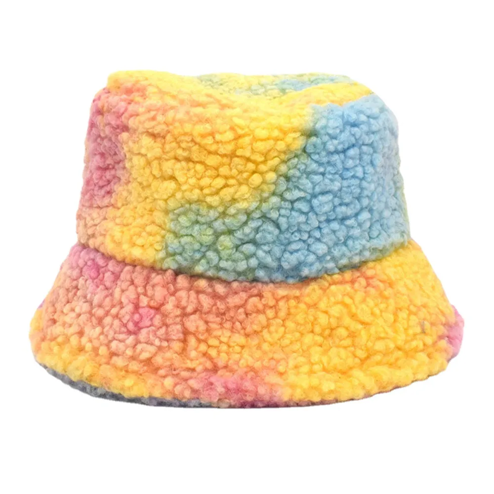 Women Tie-dye Mix Color Lamb Hair Warm Casual Cute Bucket Hat