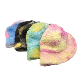 Women Tie-dye Mix Color Lamb Hair Warm Casual Cute Bucket Hat