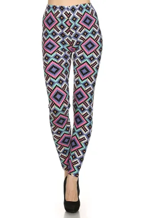 Women's Plus Aztec Diamond Pattern Printed Leggings - Pink Blue