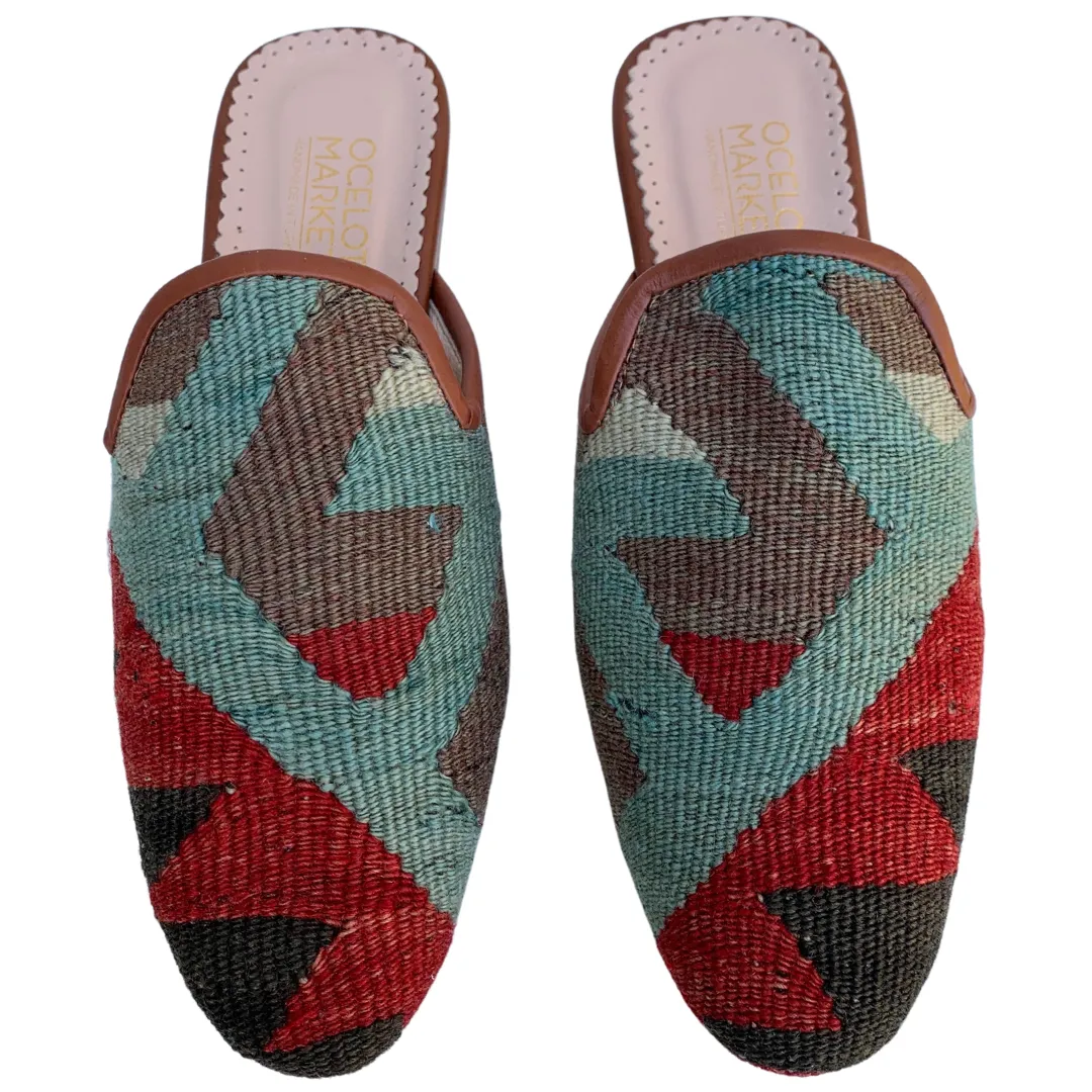 Women's Turkish Kilim Mules | Red & Blue