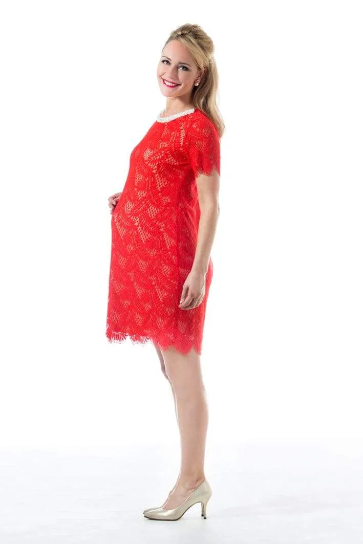 Woven Short Sleeve Cate Embellishment Nursing Dress Aurora Red