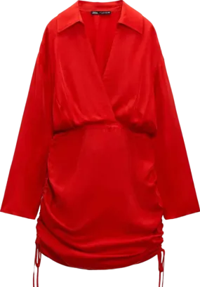 ZARA Red Satin Long Sleeve Ruched Mini Dress BNWT UK XS